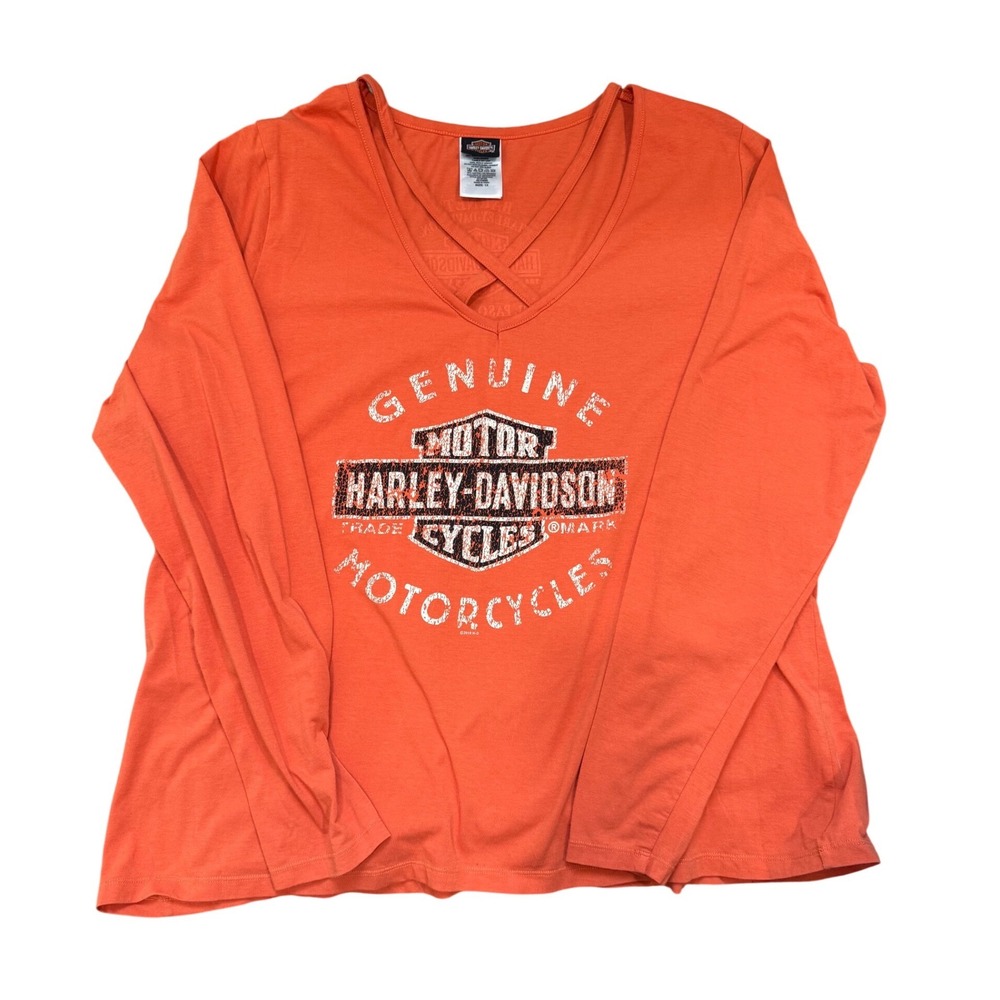 Harley Davidson Womens 1X Orange Long Sleeve Crisscross V-Neck Graphic Tee Texas